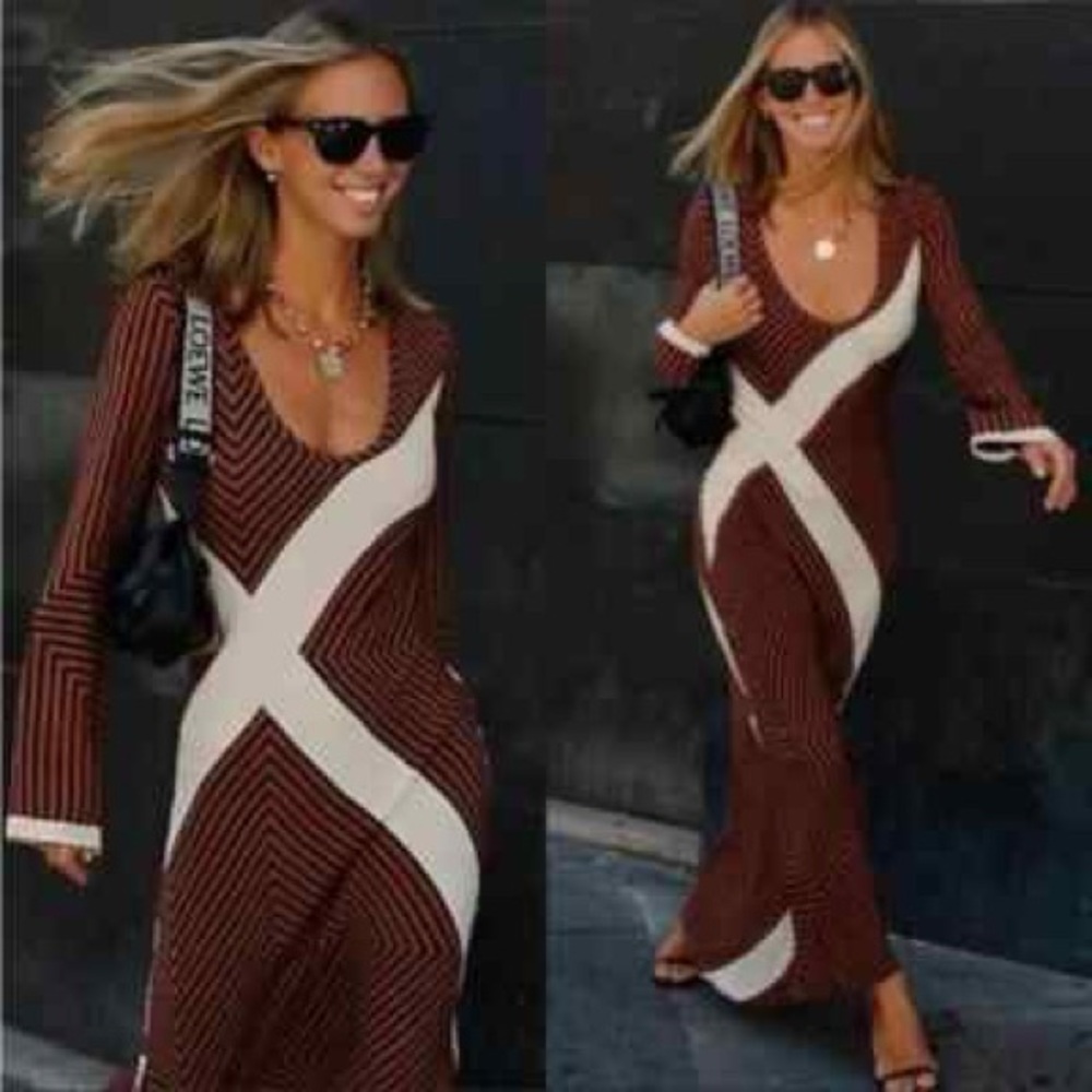 Zara Brown and Cream Long Sleeve Dress